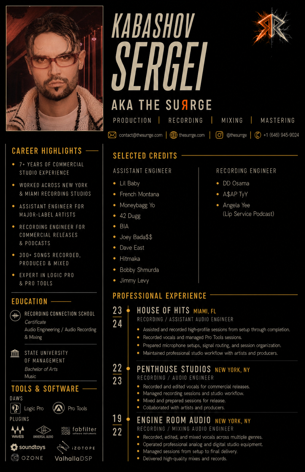Sergei Kabashov audio engineer resume with selected credits including Ice Spice and Central Cee